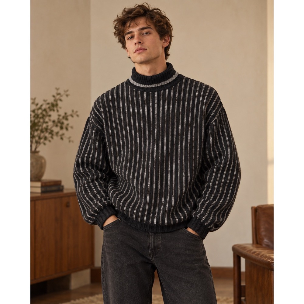Koman Sport Pinstripe Sweater Women Large Black Grey Mock Neck Retro Gorpcore